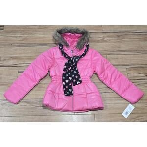 R1881 By S.Rothschild Size L 14 Pink Puffy Jacket Hooded Faux Fur New Tags $85